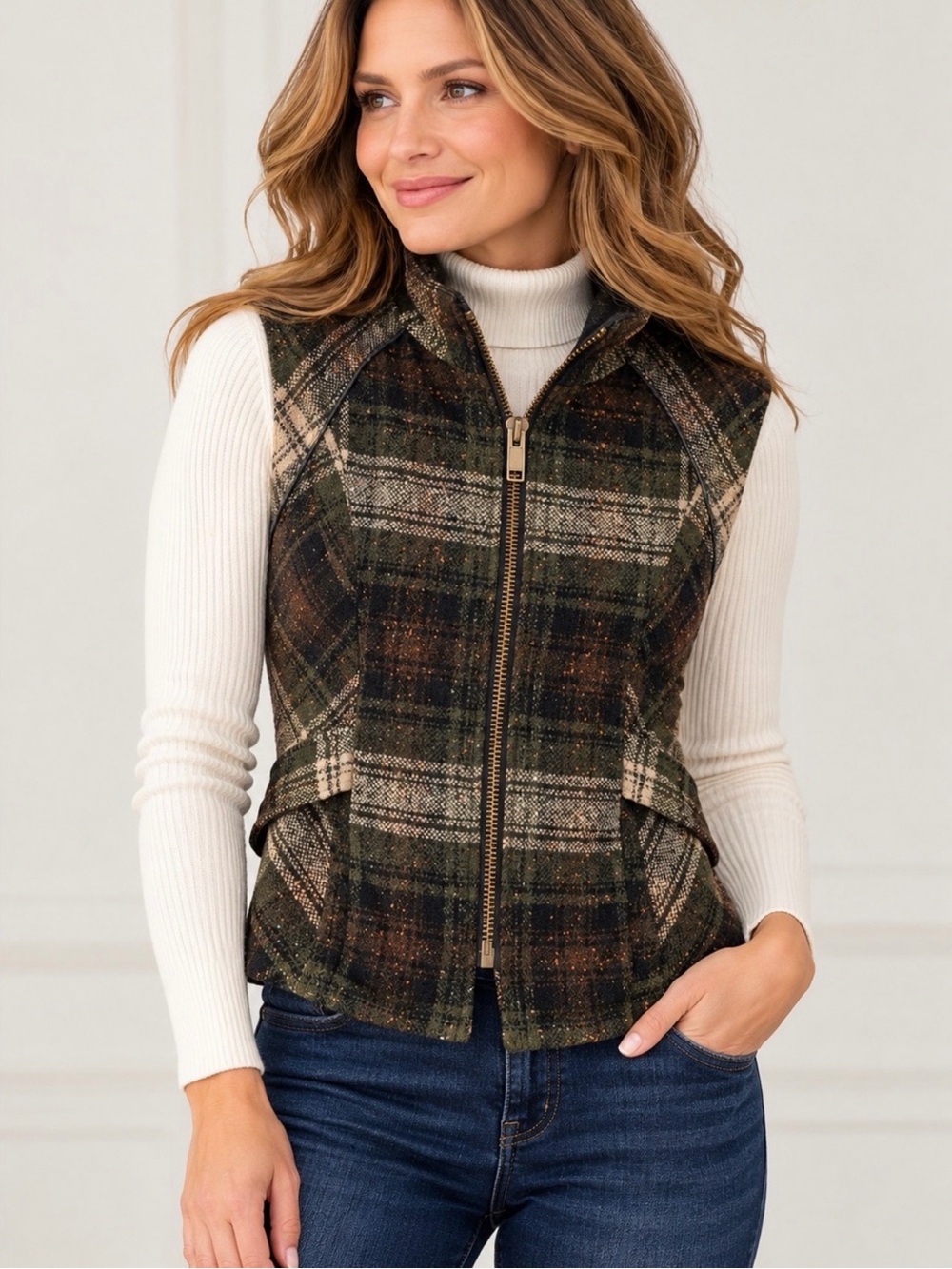 CAbi All Tied Up Plaid Wool Blend Vest S Style 611 Green Brown Belted Zip